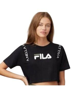 Fila Womens Black Crop Top White Spellout Logo Relaxed Shoulder Tee Cropped